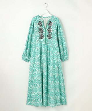 自由区 S ダマスクプリントエンブロイダリー ワンピース グリーン×イエロー刺繍