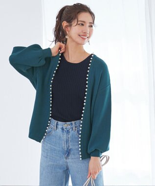 Tiaclasse 【洗える】パール付きパフスリーブカーディガン ターコイズ