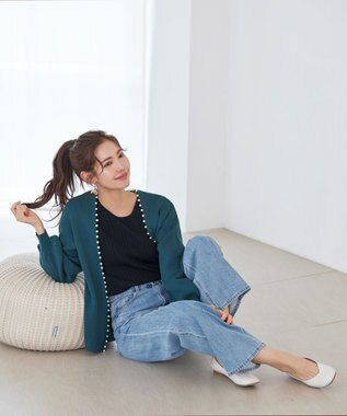 Tiaclasse 【洗える】パール付きパフスリーブカーディガン ターコイズ