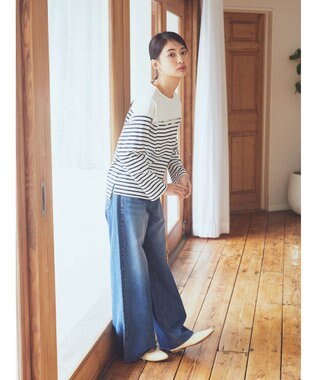 earth music&ecology レースボーダーカットソープルオーバー Navy