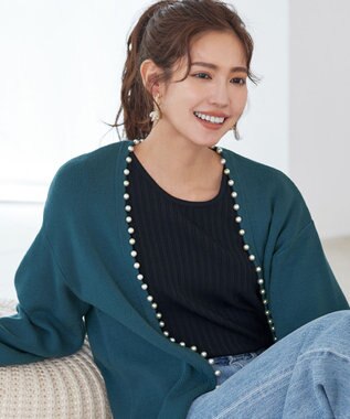 Tiaclasse 【洗える】パール付きパフスリーブカーディガン ターコイズ