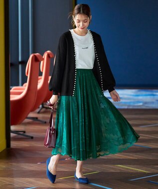 Tiaclasse L 【洗える】パール付きパフスリーブカーディガン ブラック