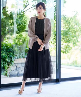 Tiaclasse 【洗える】パール付きパフスリーブカーディガン グレージュ