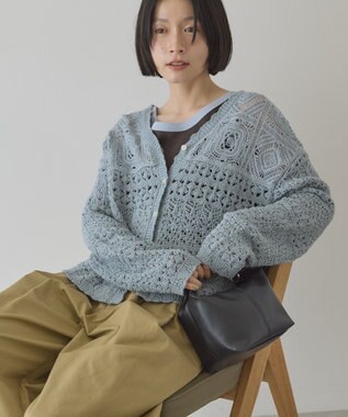 AMERICAN HOLIC 【前後2WAY】レース透かし編みニットカーディガン Sax