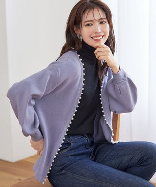 Tiaclasse L 【洗える】パール付きパフスリーブカーディガン ラベンダー