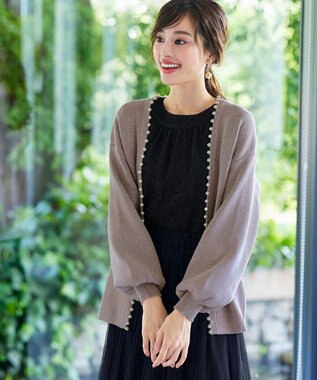 Tiaclasse 【洗える】パール付きパフスリーブカーディガン グレージュ