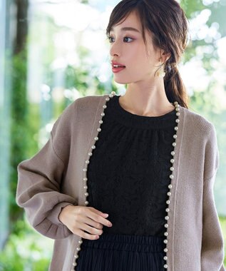 Tiaclasse 【洗える】パール付きパフスリーブカーディガン グレージュ