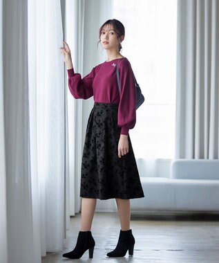 Tiaclasse 【洗える】フロッキースカート ブラック(花柄）