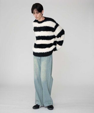 WEGO 【2025秋冬新作/ユニセックス着用ITEM/MLサイズ展開】フェザーニットプルオーバー ホワイトボーダー