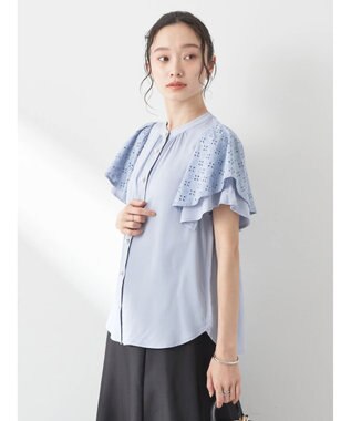 earth music&ecology レースラッフルブラウス Grayish Blue