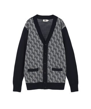 DAKS メリノウールロゴ編みVネックカーディガン ネイビー