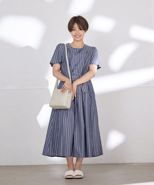 Tiaclasse 【洗える】ストライプアシンメトリーリボンワンピース ネイビー