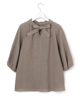 23区 L 【洗える】LIBECO ボウタイ ボリュームスリーブ ブラウス ダークブラウン系