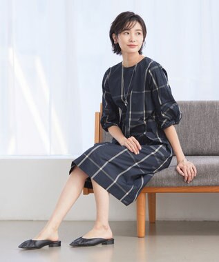 J.PRESS LADIES L 【洗える】 メモリーウェザー チェック ワンピース ネイビー系3