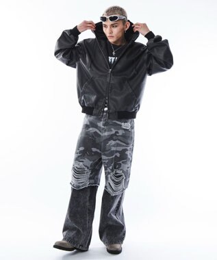 WEGO 【ユニセックス着用ITEM】PUフードブルゾン ブラック