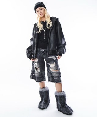 WEGO 【ユニセックス着用ITEM】PUフードブルゾン ブラック