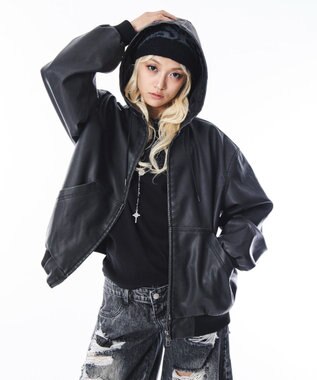 WEGO 【ユニセックス着用ITEM】PUフードブルゾン ブラック