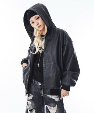 WEGO 【ユニセックス着用ITEM】PUフードブルゾン ブラック