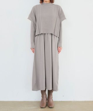 Tiaclasse 【2点セット・洗える】細ケーブルニットトップス＆ニットワンピース グレージュ