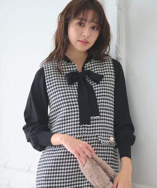 Feroux 【洗える】プチパールボウタイ ニット ブラック系