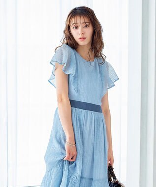 Tiaclasse L 【洗える】シフォンチェック配色フリルワンピース サックス×ブルー