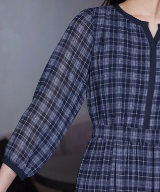 Tiaclasse L シアーチェック配色ワンピース ネイビー
