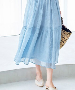 Tiaclasse L 【洗える】シフォンチェック配色フリルワンピース サックス×ブルー