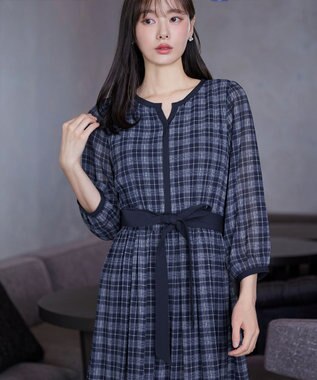 Tiaclasse L シアーチェック配色ワンピース ネイビー