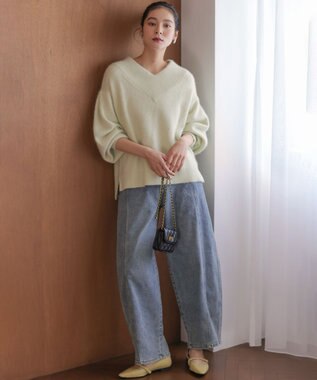 組曲 S フラッフィーファーＶネック ニット ライムイエロー系