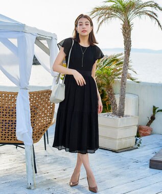 Tiaclasse L 【洗える】シフォンチェック配色フリルワンピース ブラック×ブラック