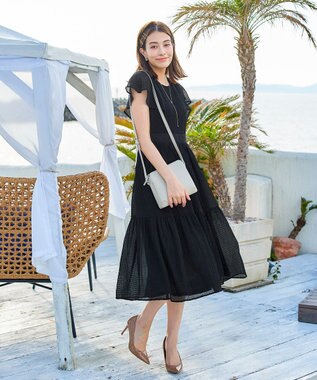 Tiaclasse L 【洗える】シフォンチェック配色フリルワンピース ブラック×ブラック