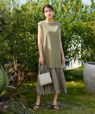 Tiaclasse 【洗える】カットソーコンビヴィンテージサテンワンピース カーキ