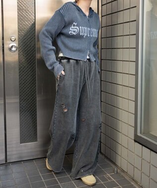 WEGO 【ウエストゴム】ダメージスウェットワイドパンツ ブラック