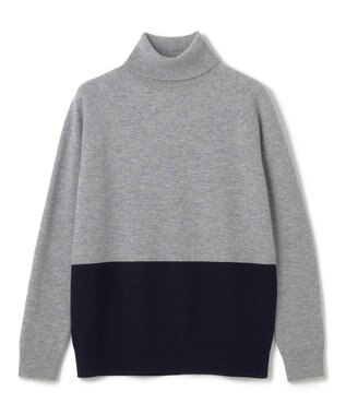 BEIGE， 【WEB限定・洗える】DEMING / バイカラーウールタートルネックニット Lt. Gray × Navy