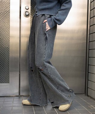 WEGO 【ウエストゴム】ダメージスウェットワイドパンツ ブラック