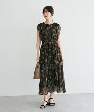 YECCA VECCA シアー花柄プリーツワンピース Black