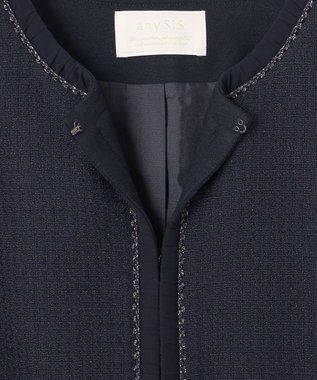 ANY SIS S リップルボーダーストレッチ ノーカラージャケット ネイビー