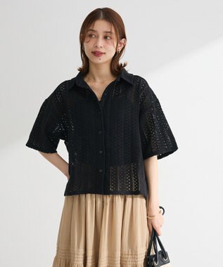 Green Parks インド綿 　衿付きレースシャツ Black