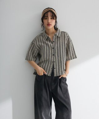 Green Parks インド綿 　衿付きレースシャツ Black