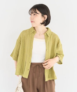 Green Parks インド綿 　衿付きレースシャツ Black