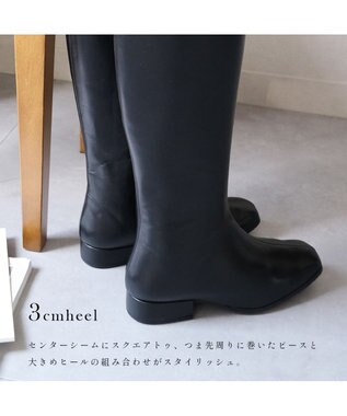 Pointer 本革ローヒール スクエアトゥロングブーツ ブラック