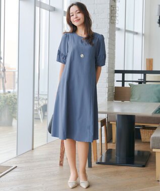 Tiaclasse 【選べる着丈・新色追加】ギャザーランタンスリーブワンピース 膝丈ブルー