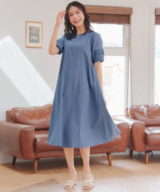 Tiaclasse 【選べる着丈・新色追加】ギャザーランタンスリーブワンピース ミモレ丈ブルー