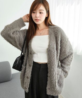 WEGO 【2025秋冬新作/ユニセックス着用ITEM/SMLサイズ展開】フェザーニットカーディガン グレー