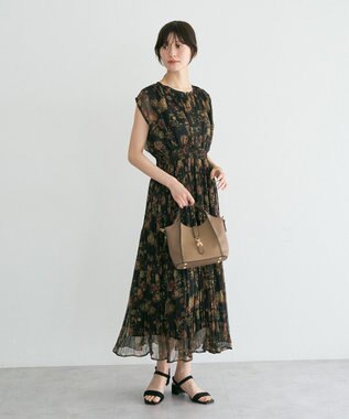 YECCA VECCA シアー花柄プリーツワンピース Black