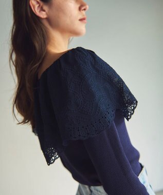 GRACE CONTINENTAL カットワークリブニットトップ ネイビー
