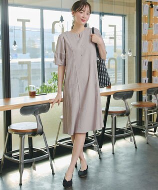 Tiaclasse 【選べる着丈・新色追加】ギャザーランタンスリーブワンピース 膝丈グレージュ