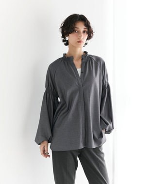 #Newans 【洗濯機可/しわになりにくい】シャーリングネック ボリュームスリーブブラウス チャコール