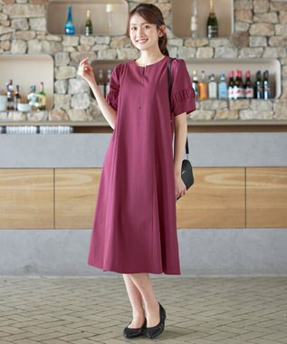 Tiaclasse 【選べる着丈・新色追加】ギャザーランタンスリーブワンピース ミモレ丈プラム