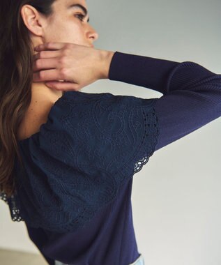 GRACE CONTINENTAL カットワークリブニットトップ ネイビー